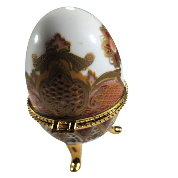 Porcelain Egg Trinket Box Gold Accents Ornate Pattern On 3 Legs easter - Picture 2 of 5